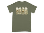 Olive green t-shirt with four panels of beagles on a path, text "The Nose Knows Best."