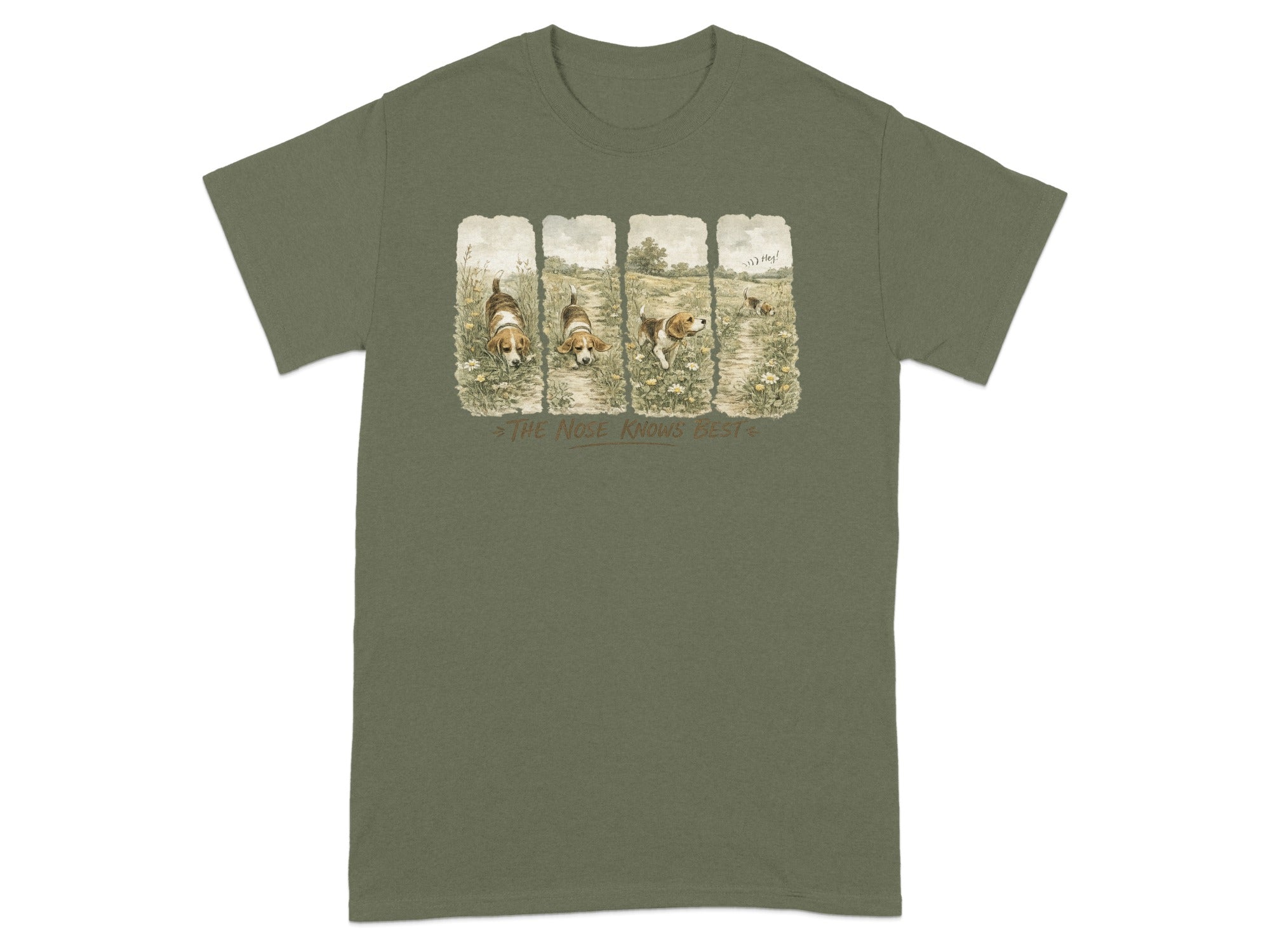 Olive green t-shirt with four panels of beagles on a path, text "The Nose Knows Best."