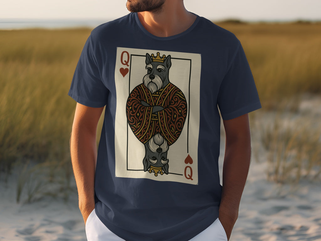 Dark blue t-shirt with a Queen of Hearts card featuring a schnauzer.