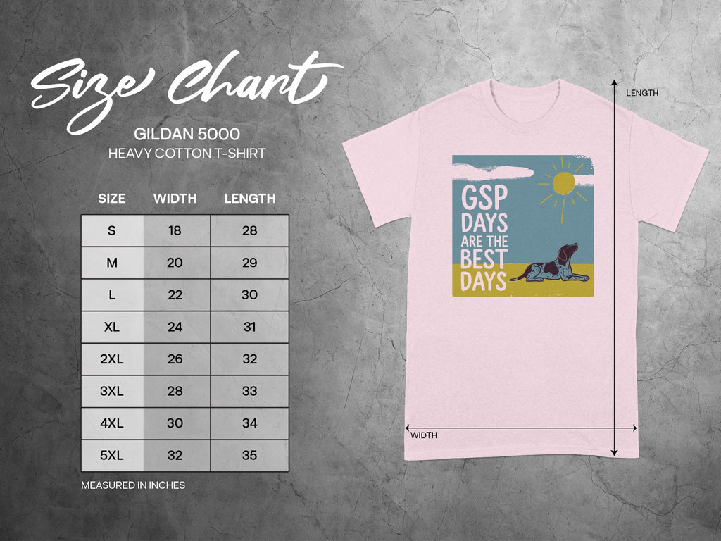 Gildan 5000 size chart with t-shirt graphic and sizing dimensions.