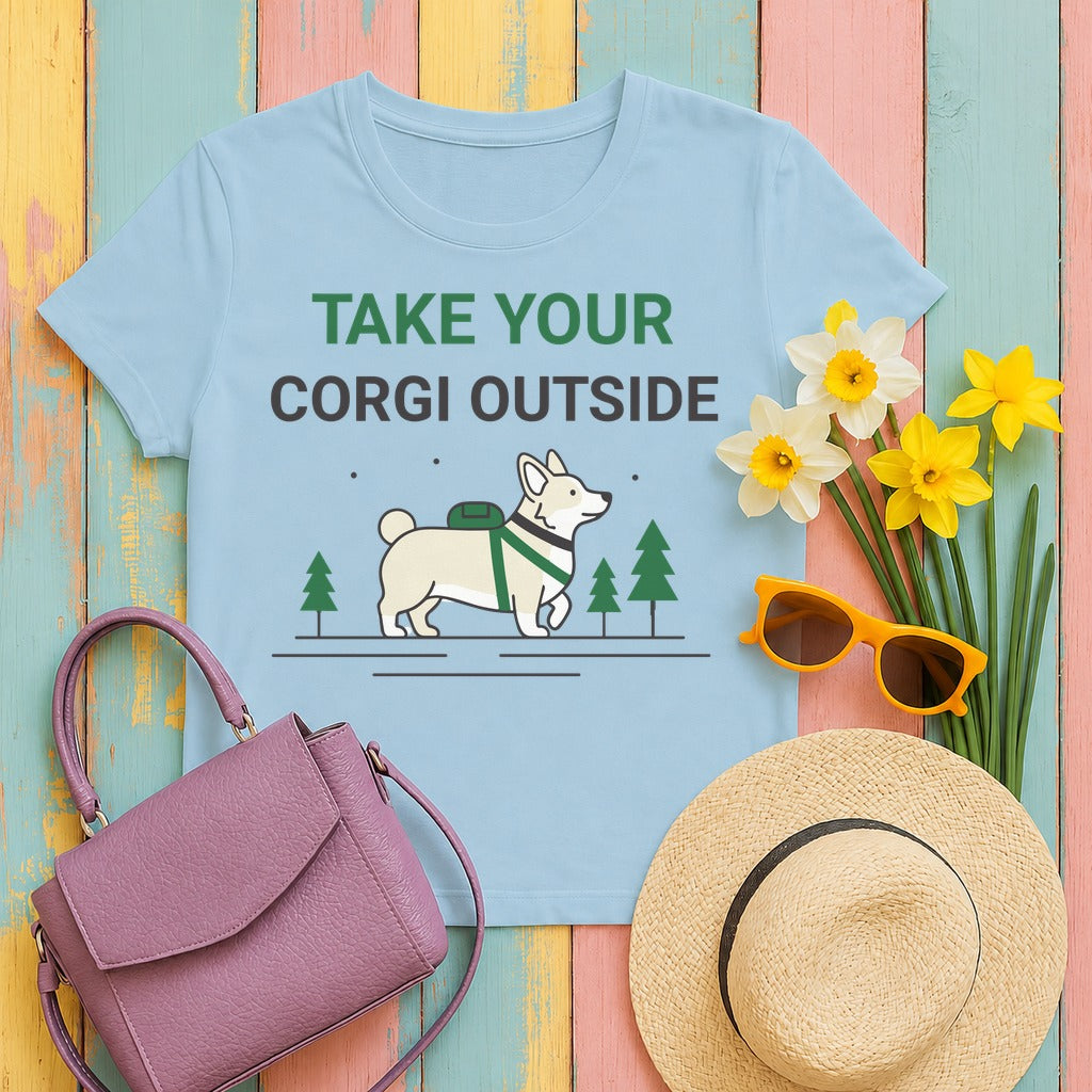 Take Your Corgi Outside Outdoors Adventure Cartoon T-Shirt in Light Blue