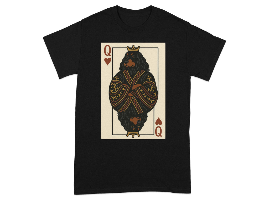 Black t-shirt with a Queen of Hearts playing card featuring a dog.