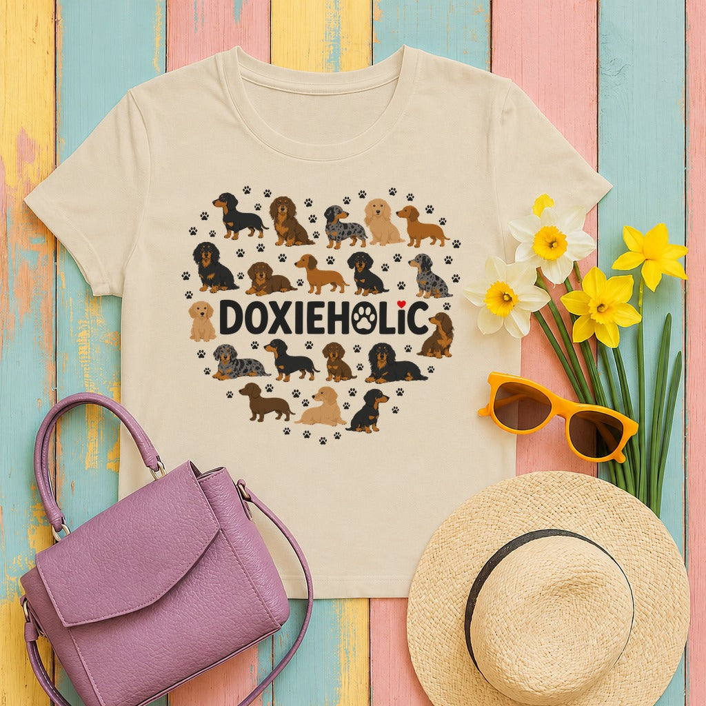 Doxieholic Heart Dachshund T-Shirt in Sand