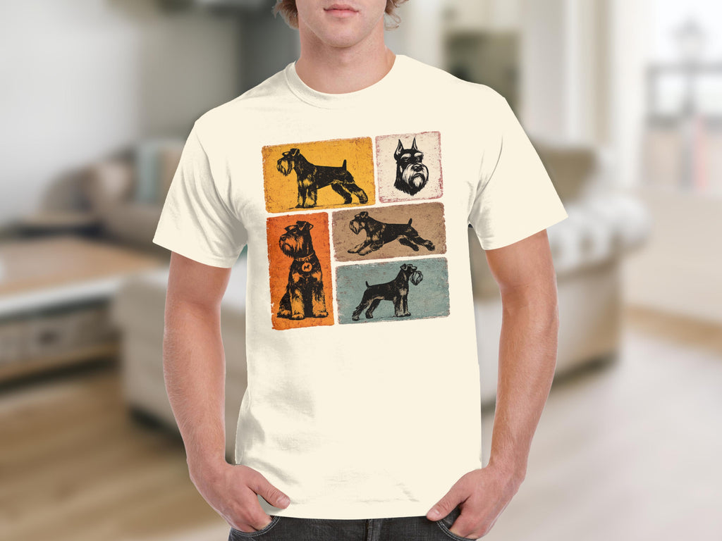 Cream t-shirt with a graphic montage of five vintage schnauzer dog illustrations.