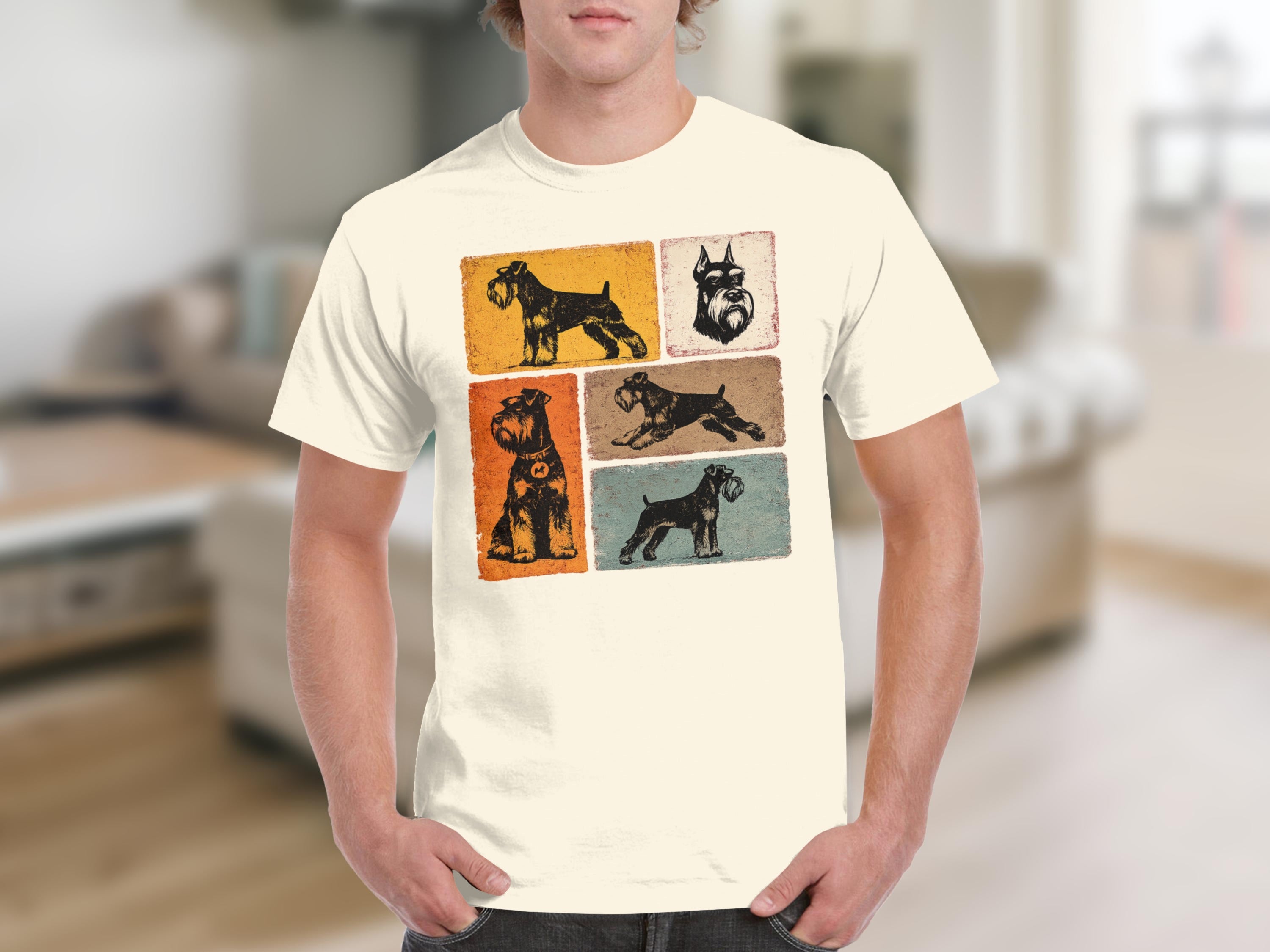 Cream t-shirt with a graphic montage of five vintage schnauzer dog illustrations.
