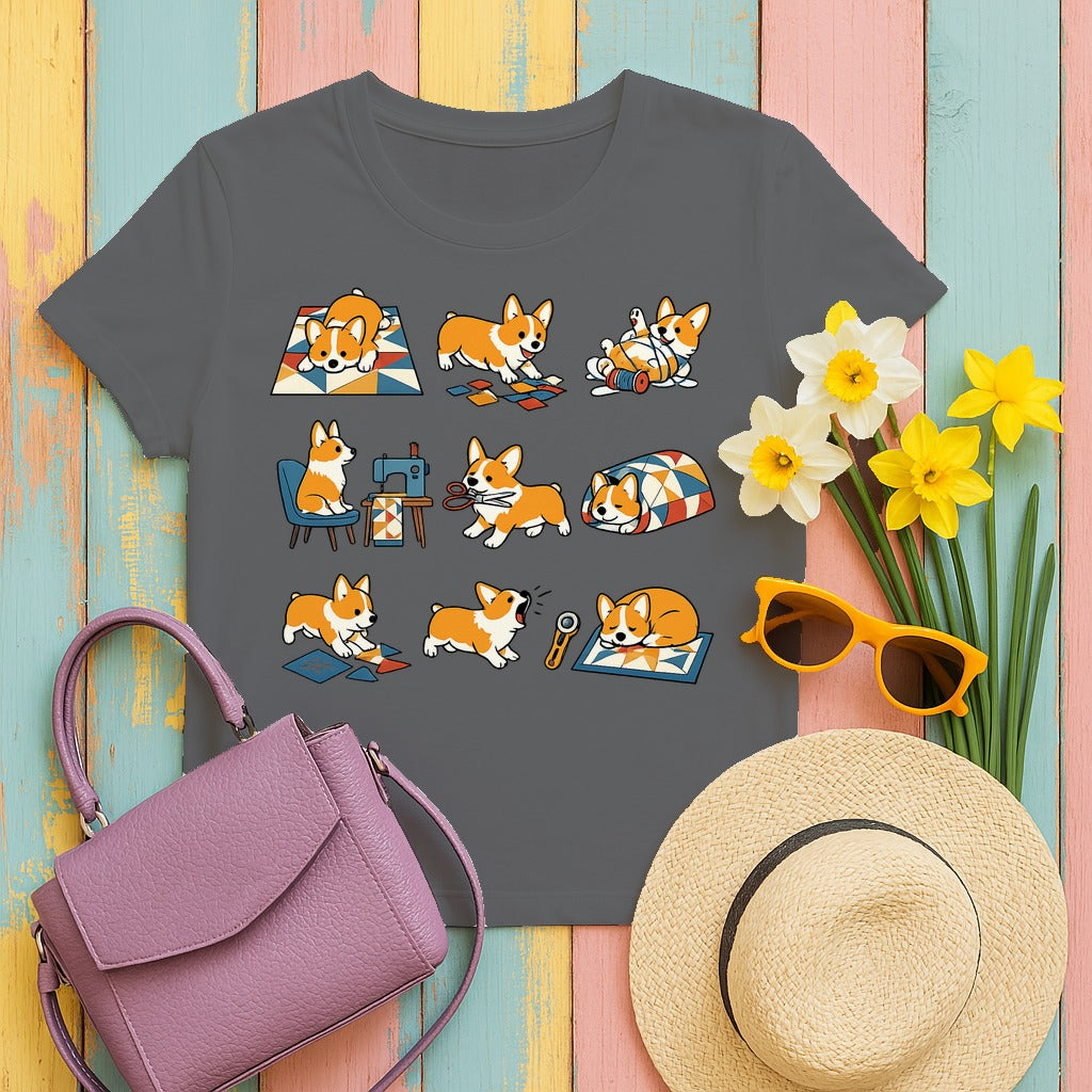 Whimsical Corgi Quilter's Chronicle T-Shirt in Graphite Heather