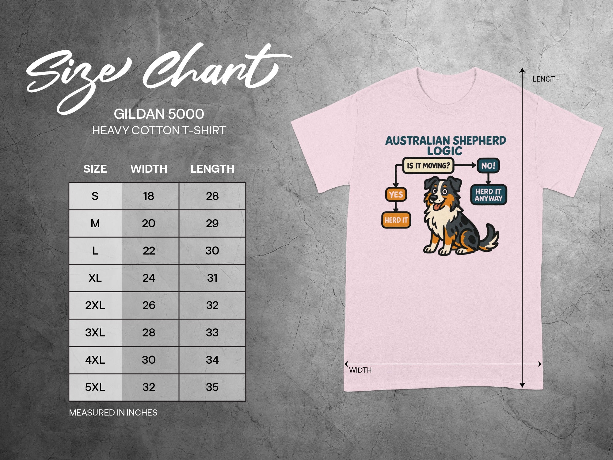 Size chart for Gildan 5000 heavy cotton t-shirt with length and width measurements.
