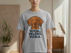 Gray t-shirt with a Vizsla dog's head and "VOCAL. VELCRO. VIZSLA." text.