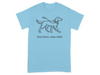 Light blue t-shirt with line drawing of a dog on a leash and text "Slow down, enjoy walks".