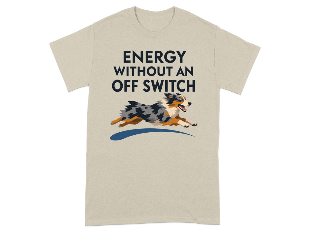 T-shirt with a running dog and text "ENERGY WITHOUT AN OFF SWITCH".