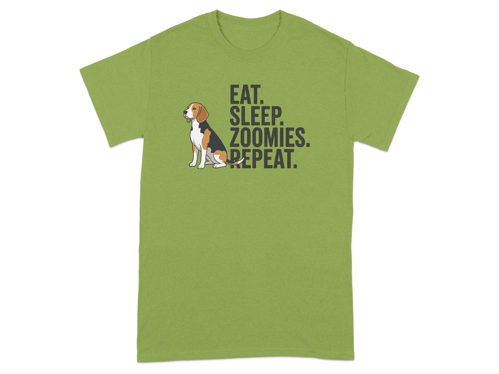 Green t-shirt with beagle and text "EAT. SLEEP. ZOOMIES. REPEAT."