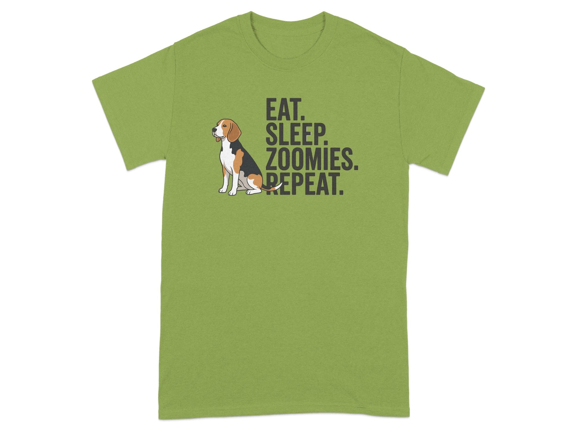 Green t-shirt with beagle and text "EAT. SLEEP. ZOOMIES. REPEAT."