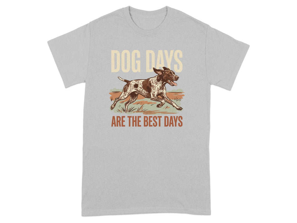 Grey t-shirt with running dog illustration and "Dog Days Are The Best Days" text.