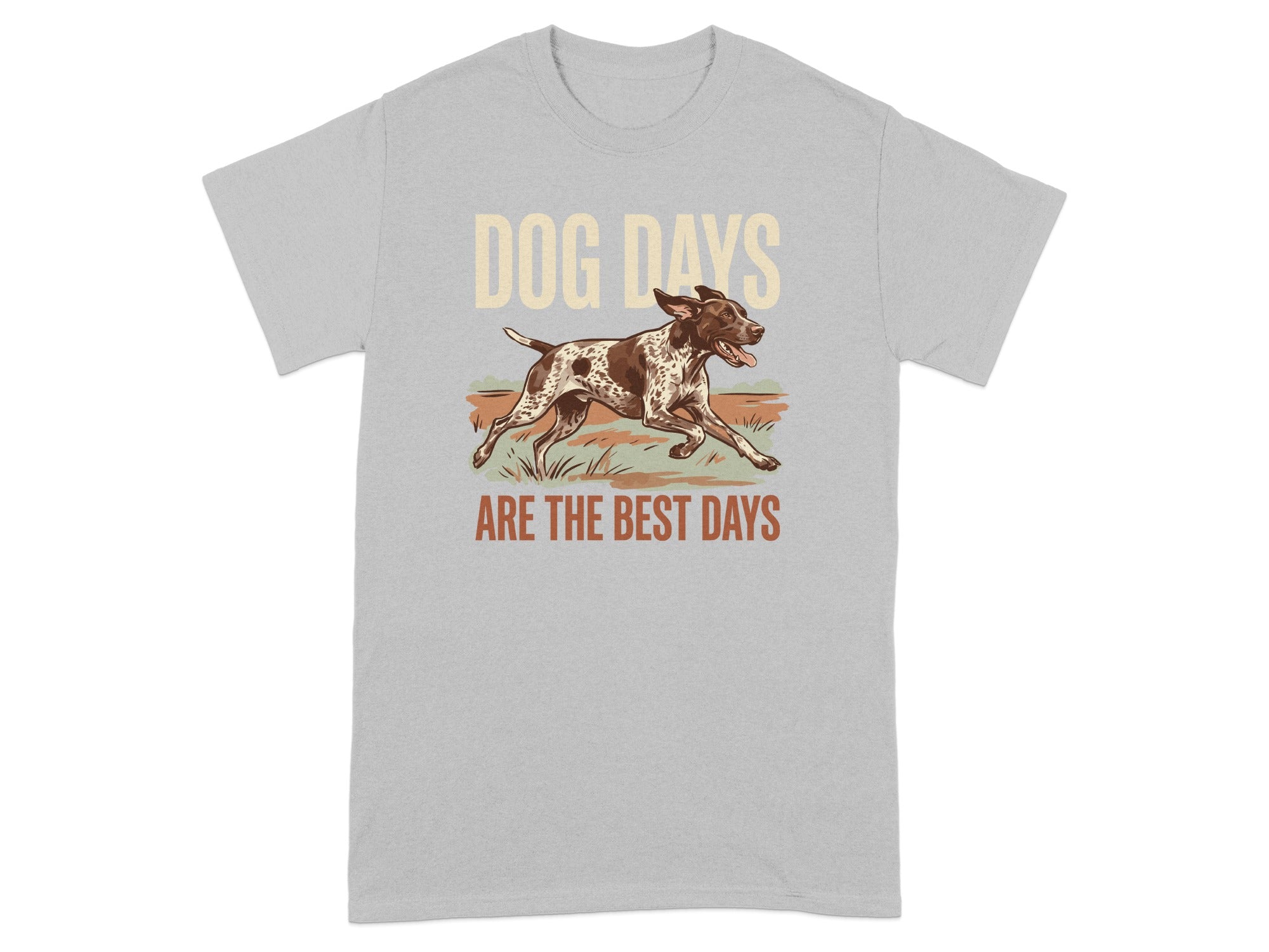Grey t-shirt with running dog illustration and "Dog Days Are The Best Days" text.