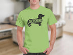 Light green t-shirt with black dachshund silhouette and text.