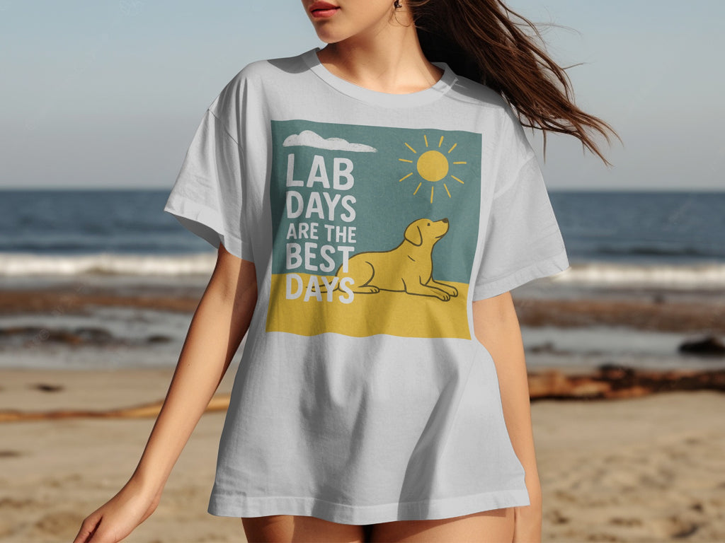 White t-shirt with yellow lab graphic and text "LAB DAYS ARE THE BEST DAYS."