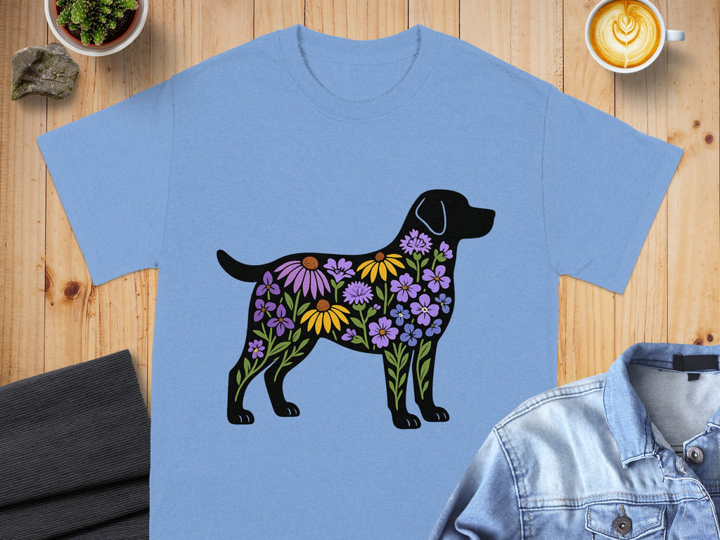 Colorful Floral Dog Design Printed on Blue Shirt