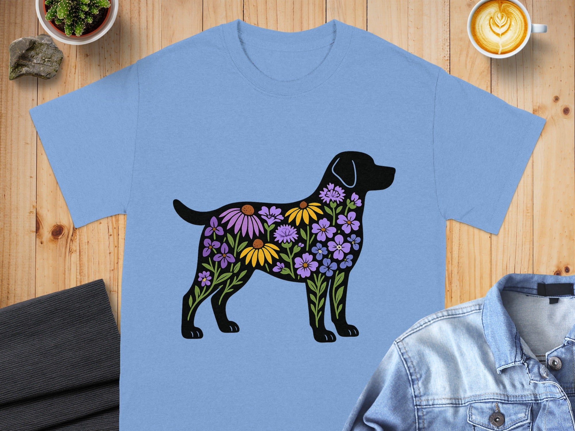Colorful Floral Dog Design Printed on Blue Shirt