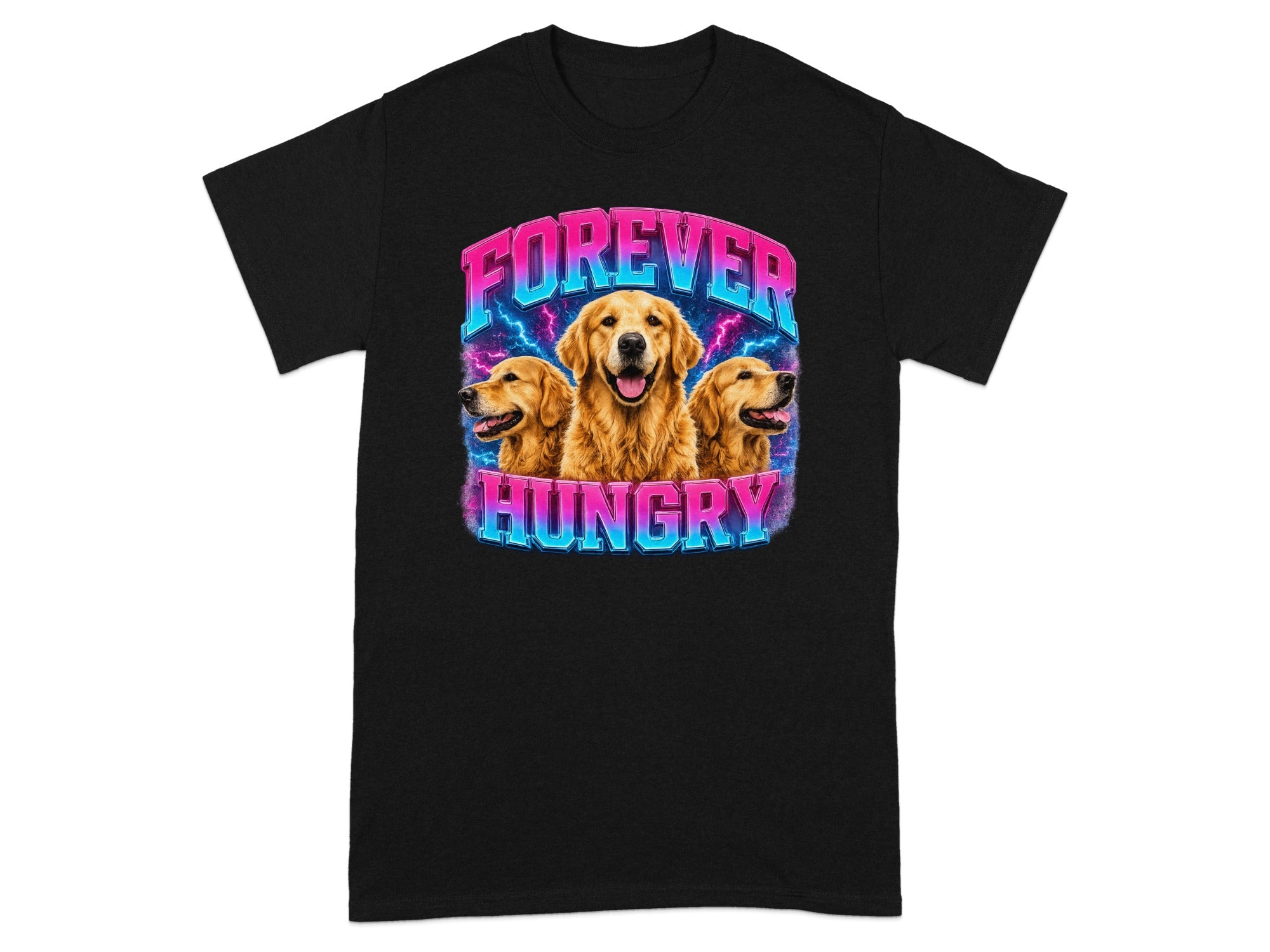 Black t-shirt with three golden retrievers and the text "FOREVER HUNGRY".