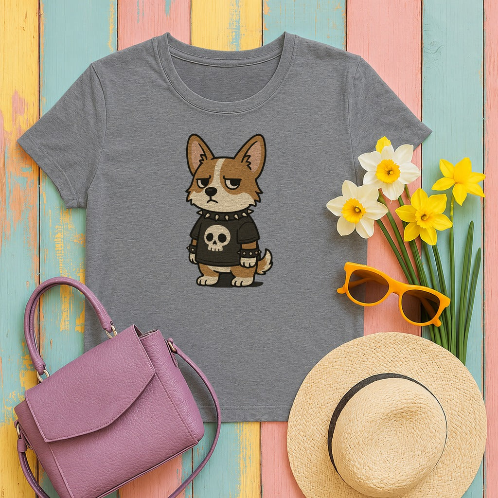 Punk Rock Corgi with a Skull Shirt Cartoon Dog T-Shirt in Graphite Heather
