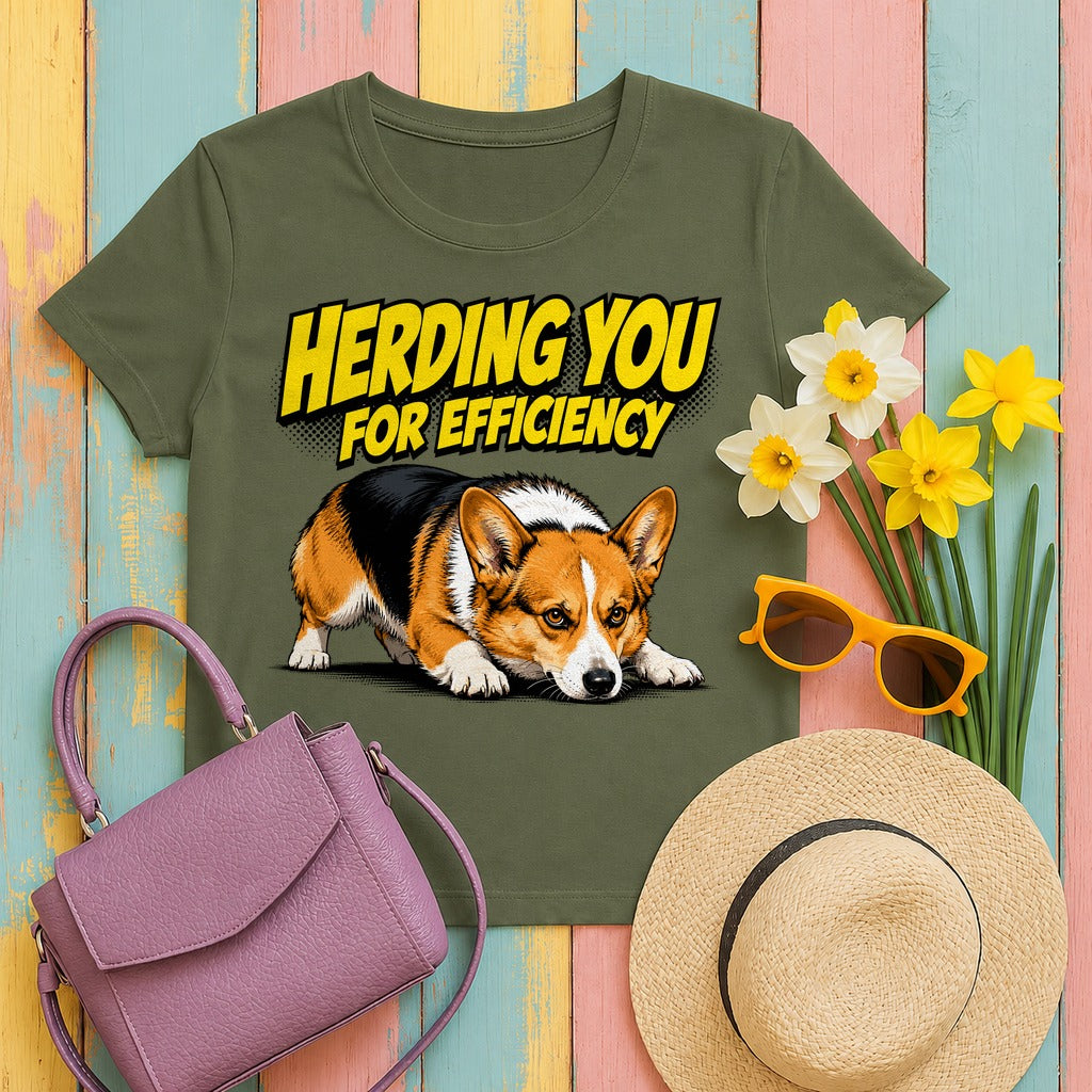 Herding You For Efficiency Corgi T-Shirt in Military Green