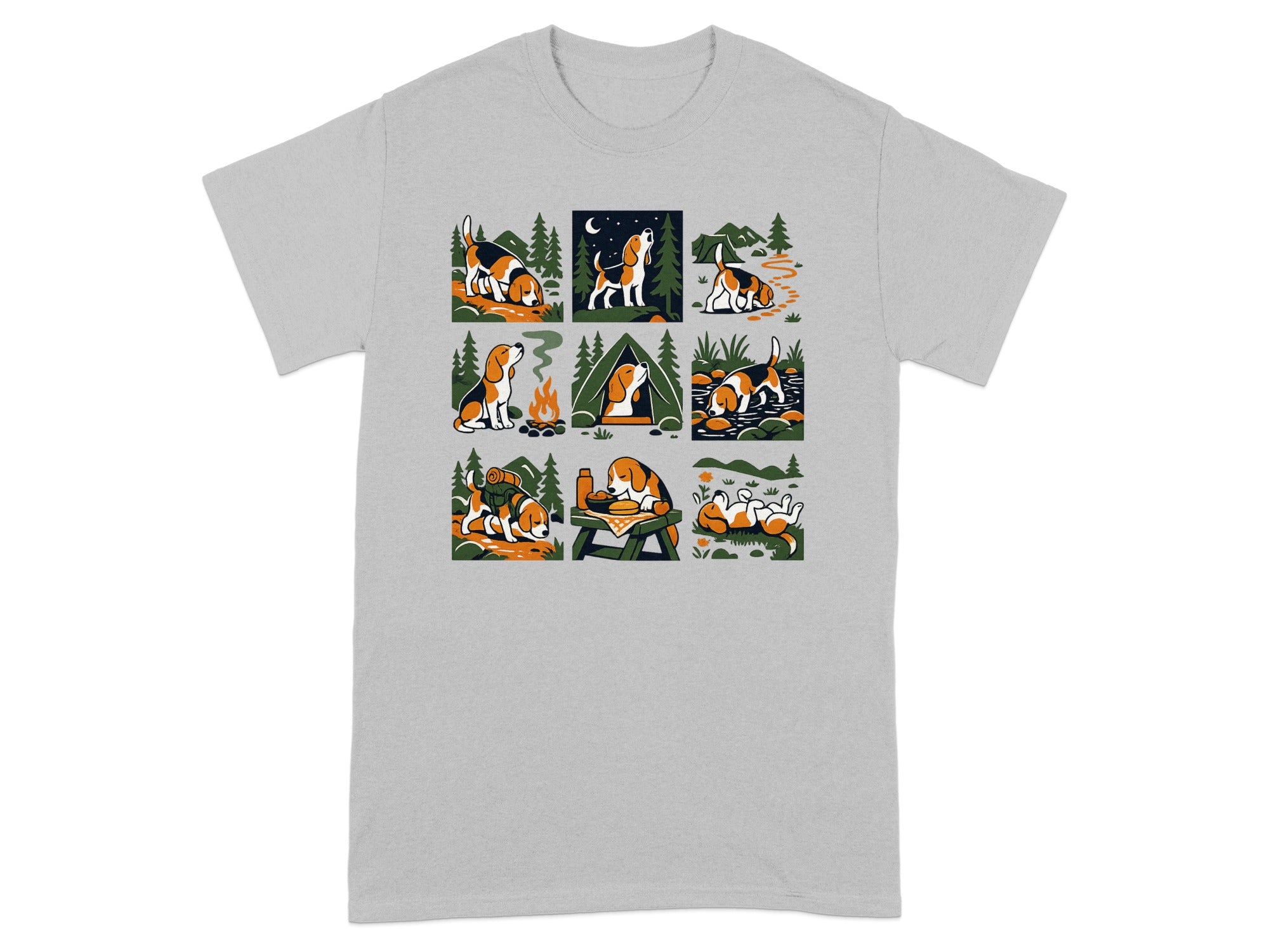 Nine square panels depicting beagles camping, howling, and sleeping outdoors.