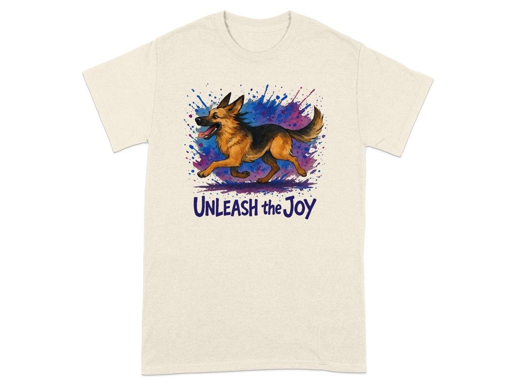 German Shepherd running with colorful paint splatters and text "Unleash the Joy".