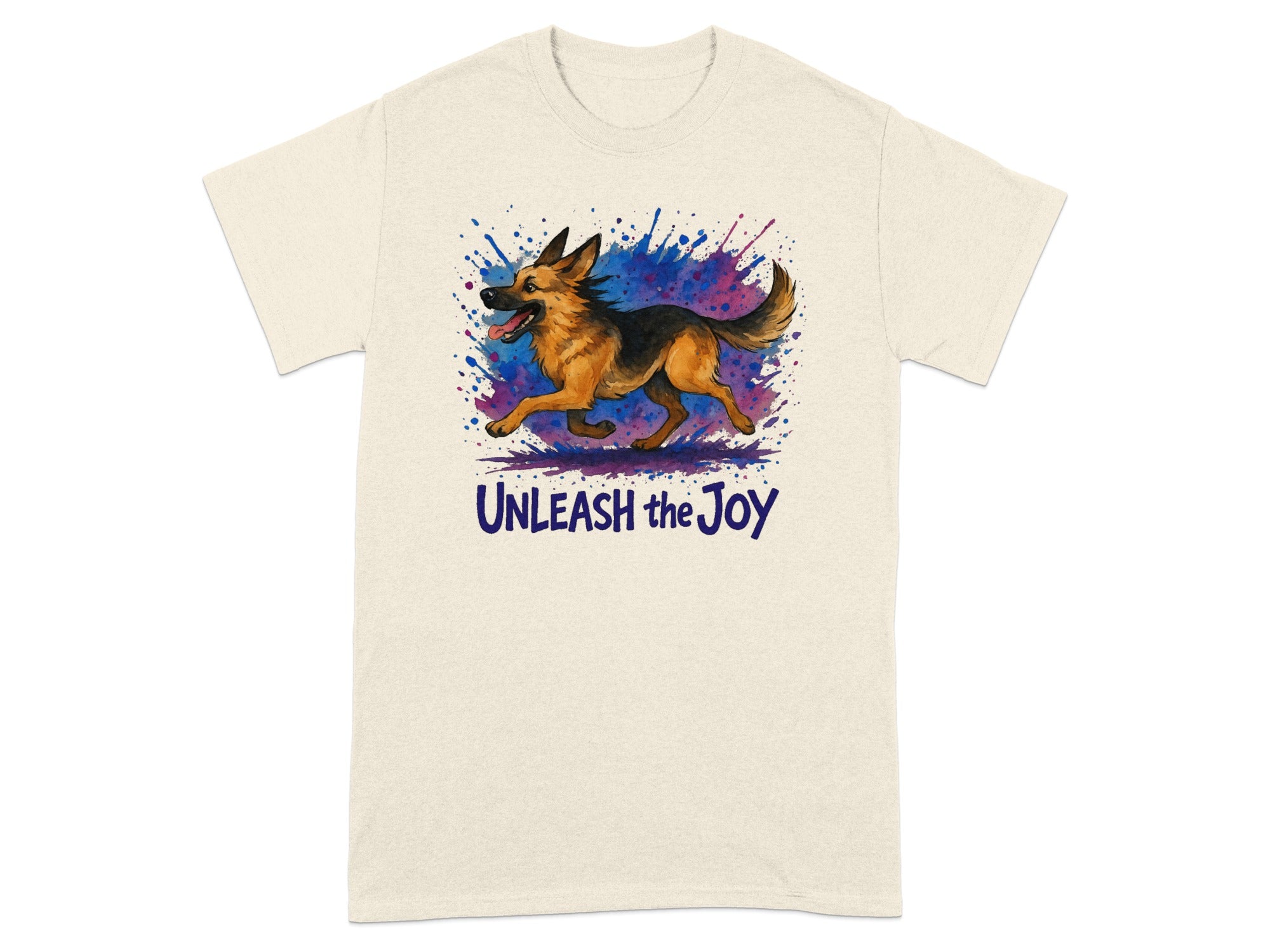 German Shepherd running with colorful paint splatters and text "Unleash the Joy".