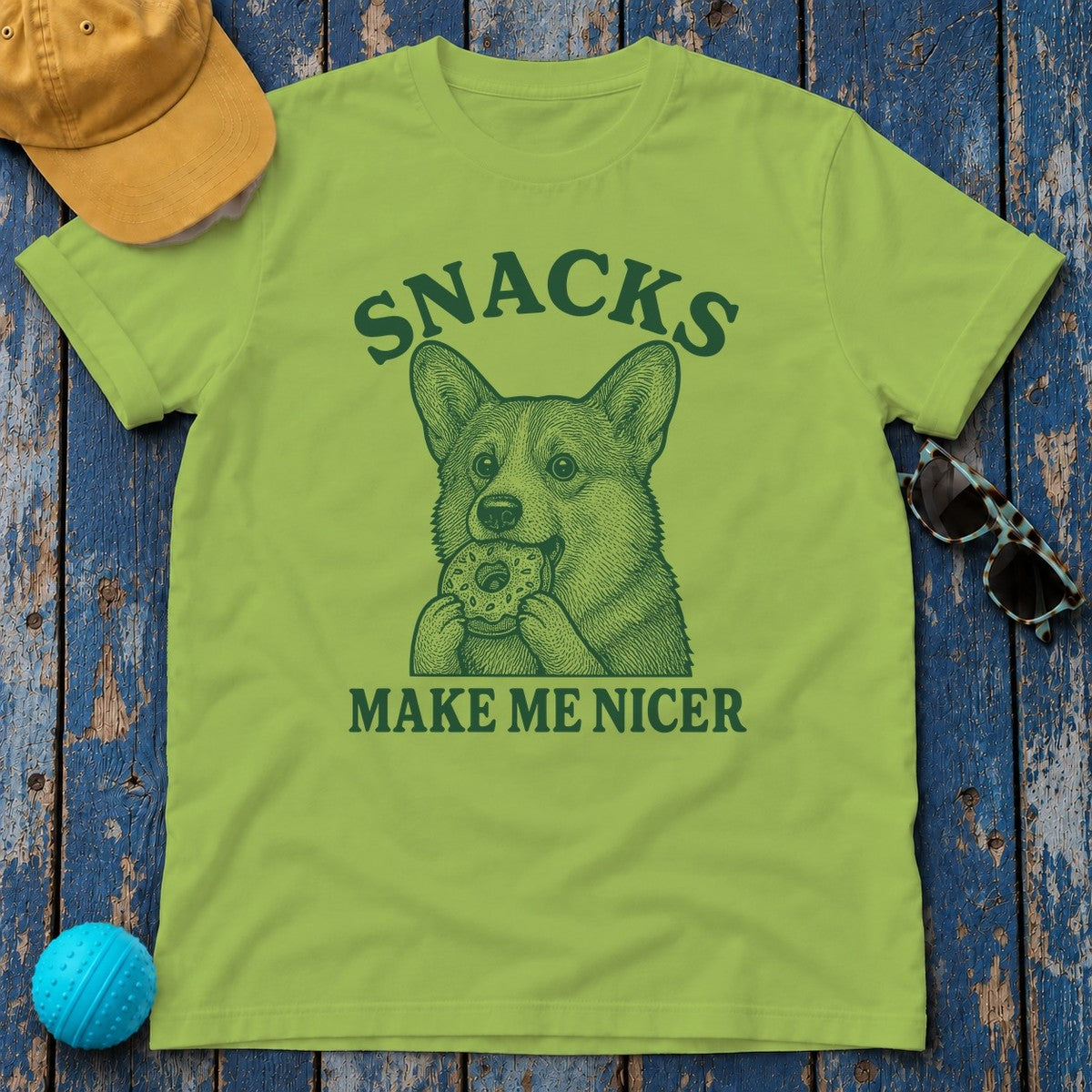 Snacks Make Me Nicer Corgi with Donut Graphic T-Shirt in Kiwi