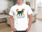 White t-shirt with a colorful abstract dog graphic and text.