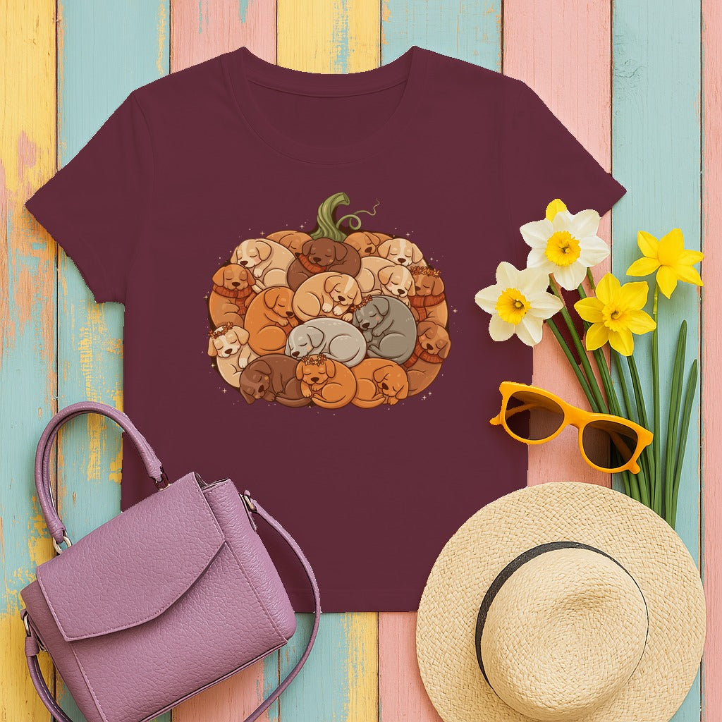Pumpkin Full of Cute Sleeping Puppies Autumn Vibes T-Shirt in Maroon