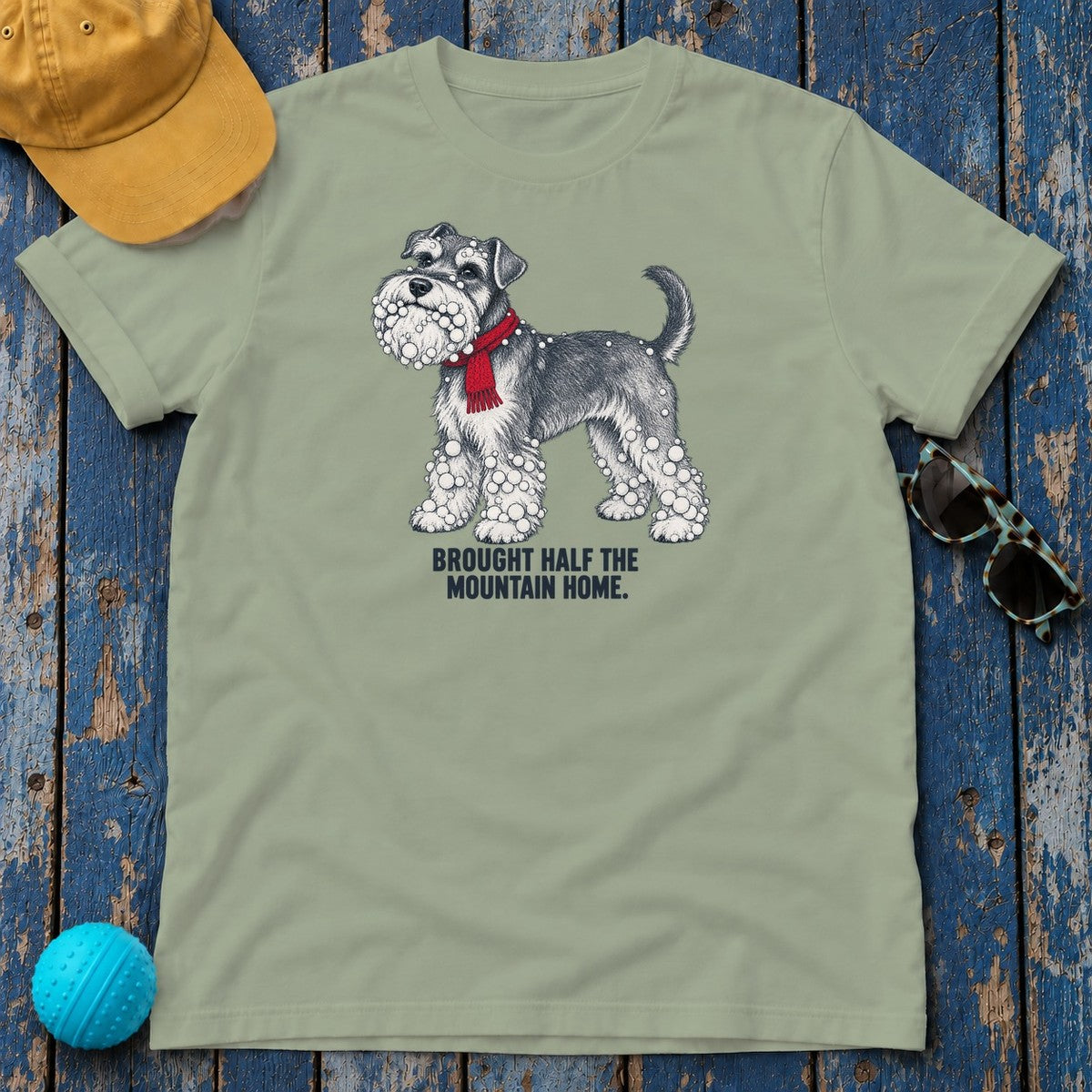 Brought Half the Mountain Home Schnauzer T-Shirt in Sage - flat lay
