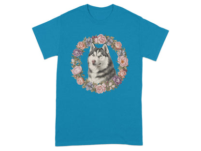 Husky Surrounded by Flowers Blue T-Shirt product