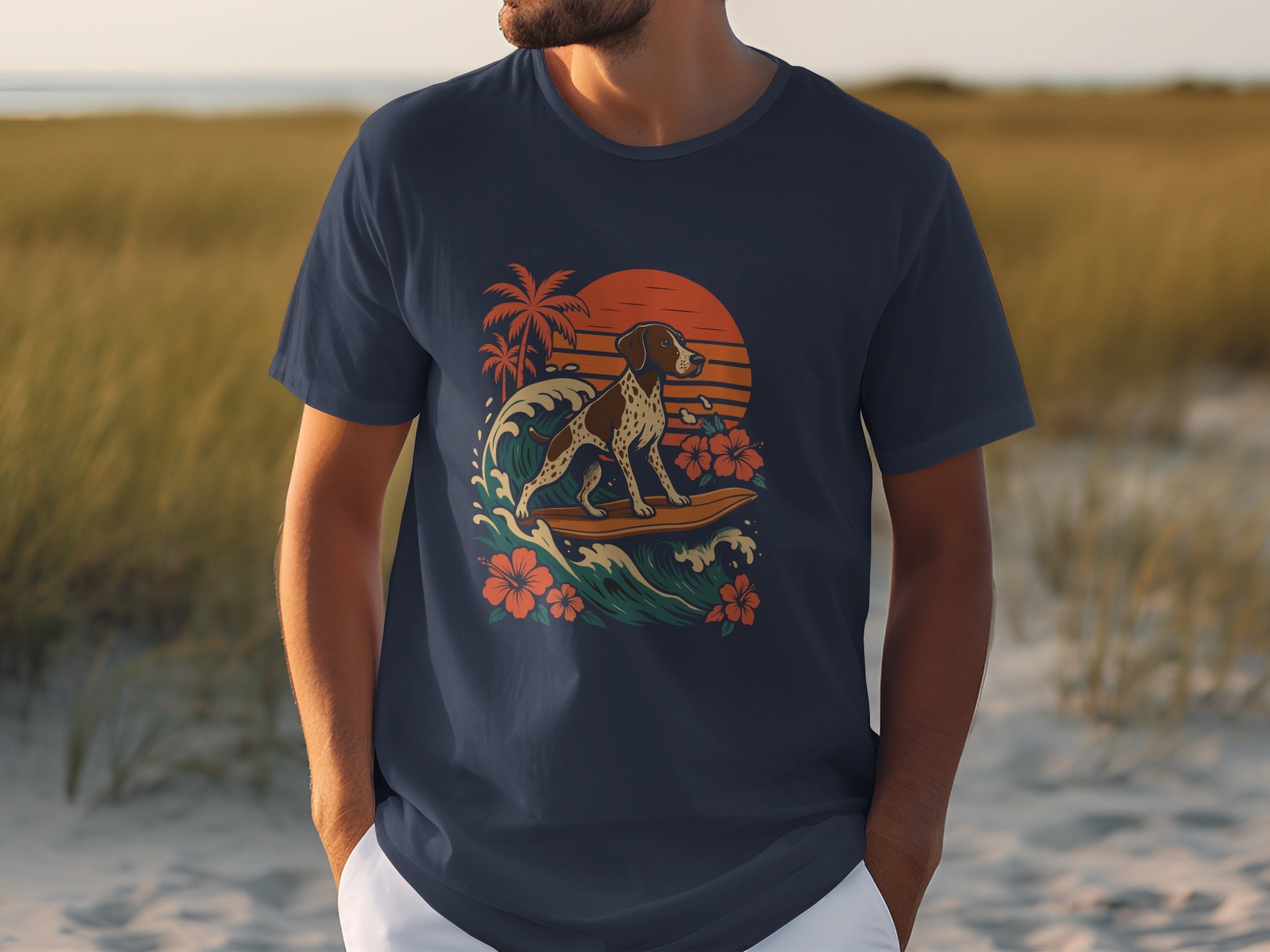 Vibrant Surfing Dog with Sunset Beach Graphic Shirt