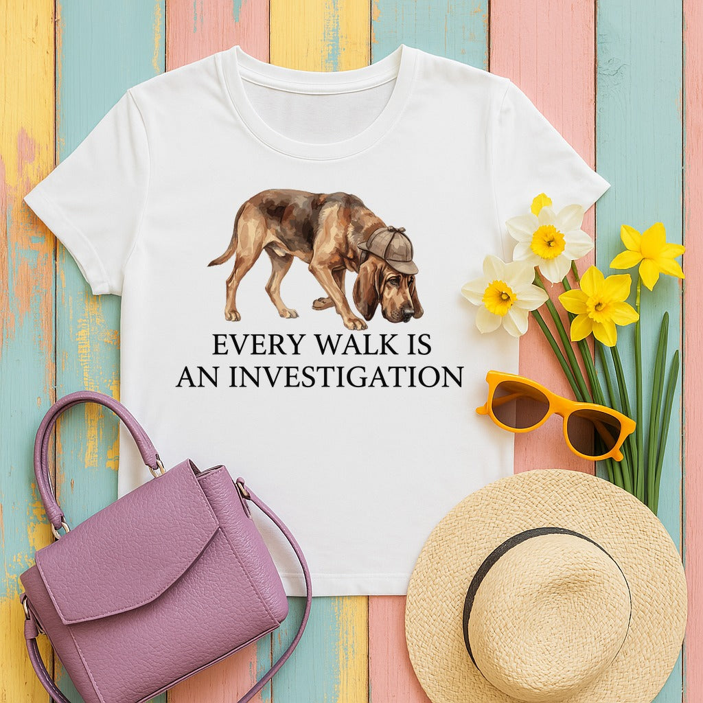 Every Walk an Investigation Bloodhound T-Shirt in White