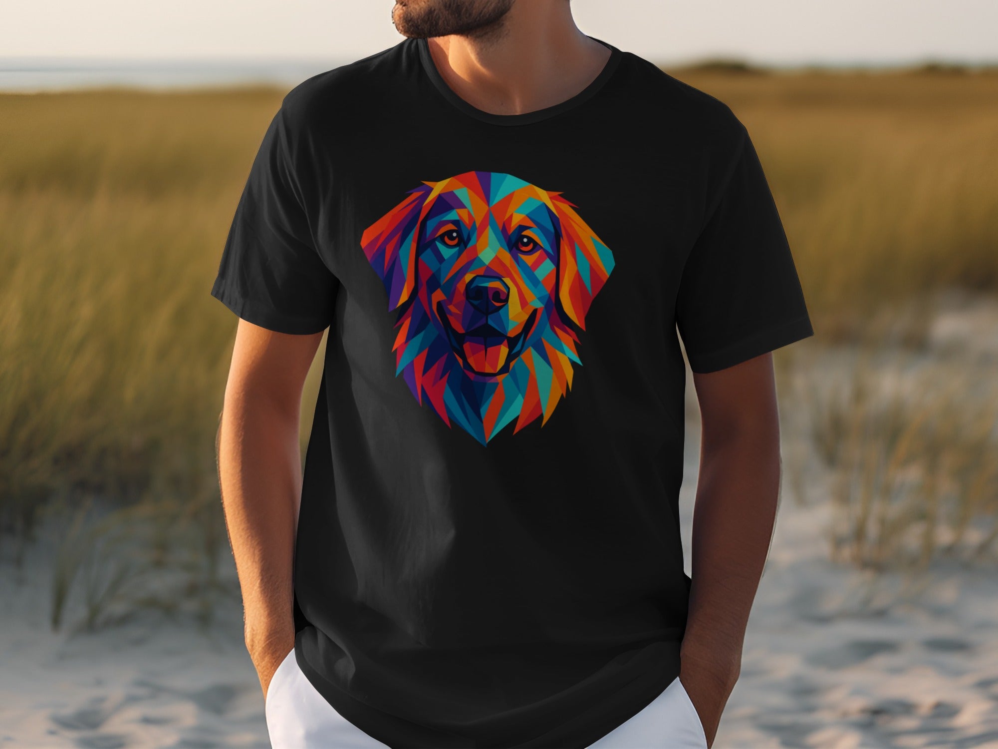 Colorful Geometric Dog Design on Black T-shirt