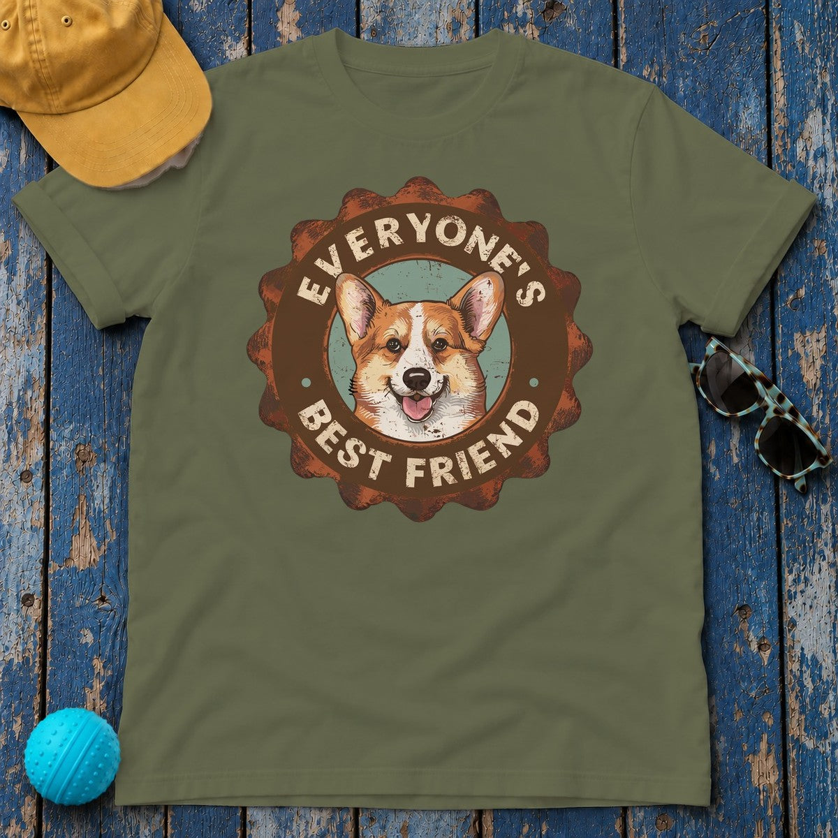 Everyone's Best Friend Corgi Dog With Sign Design T-Shirt in Military Green