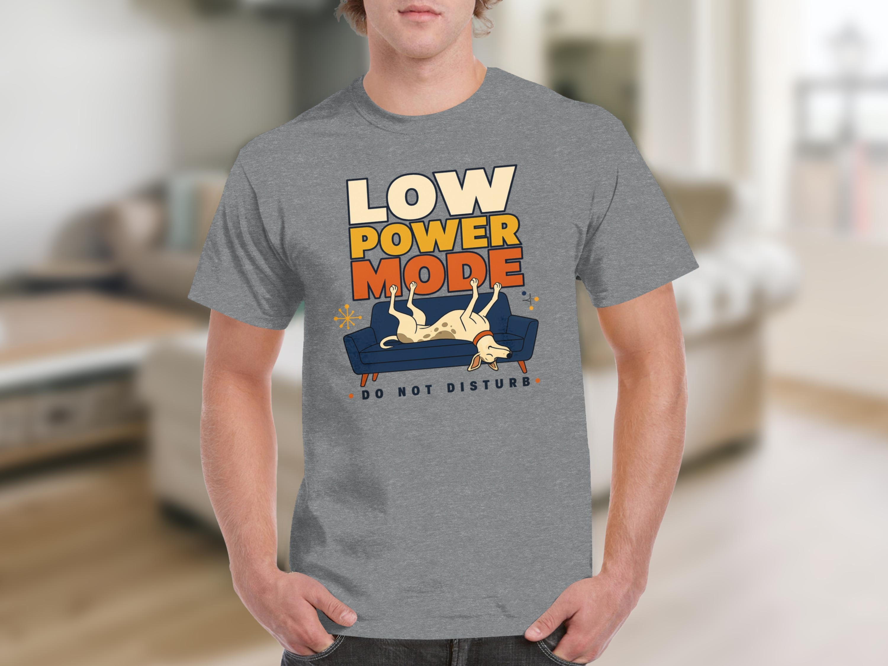 T-shirt with dog lounging on couch, "Low Power Mode," and "Do Not Disturb."