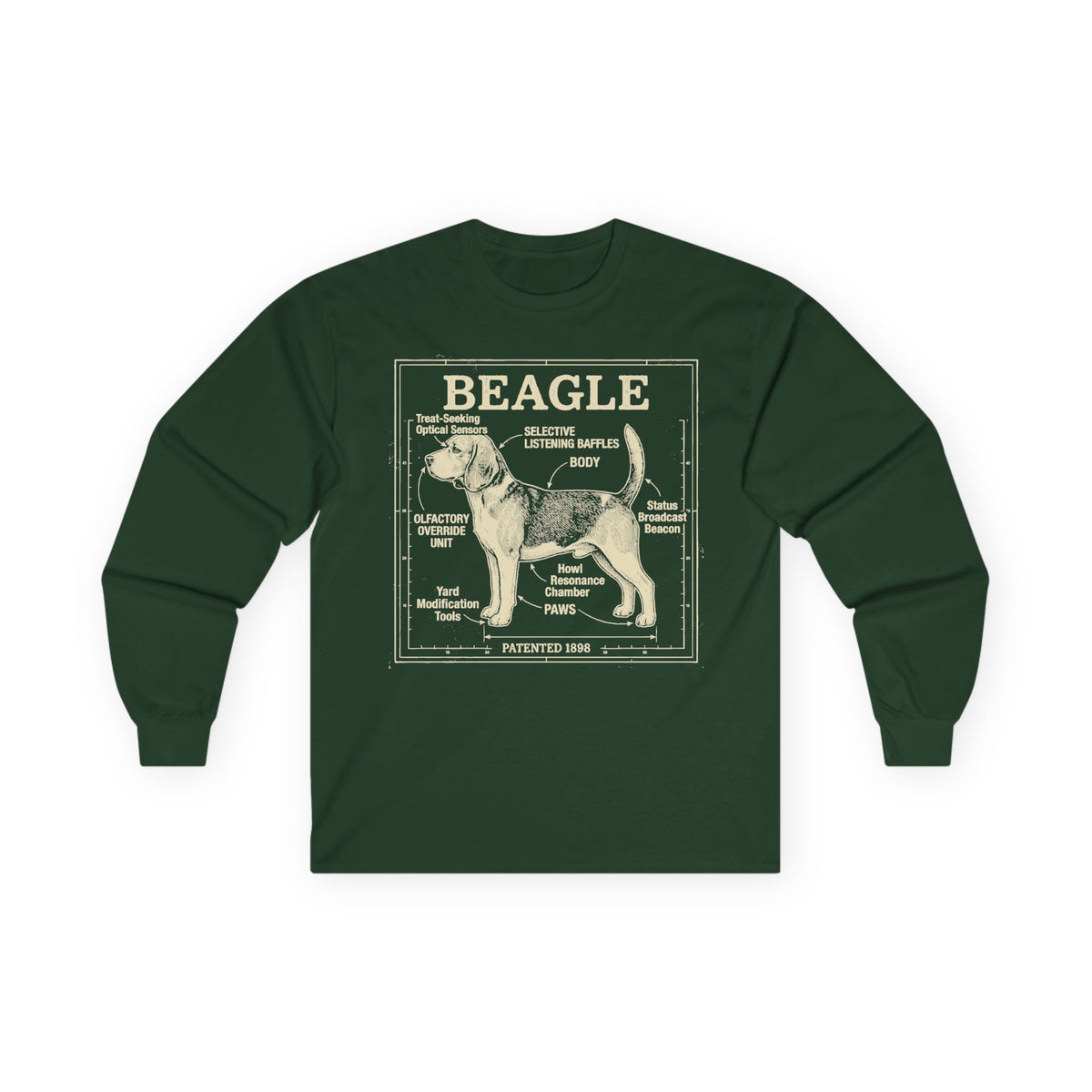 Whimsical Beagle Blueprint Long Sleeve Tee in Forest Green