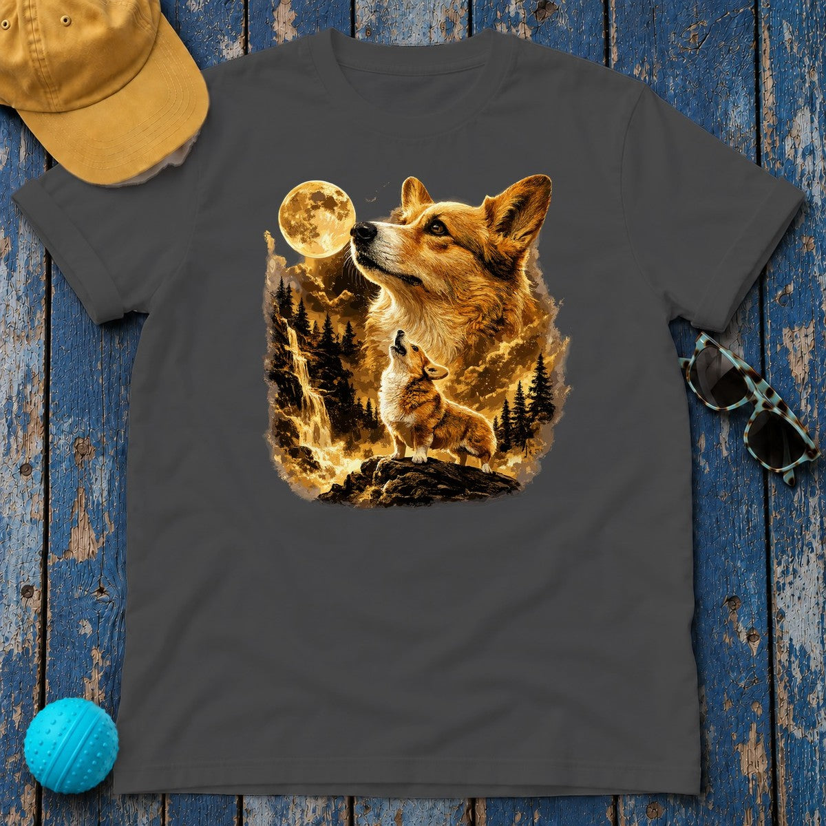 Golden Corgi Moonlight T-Shirt in Dark Heather