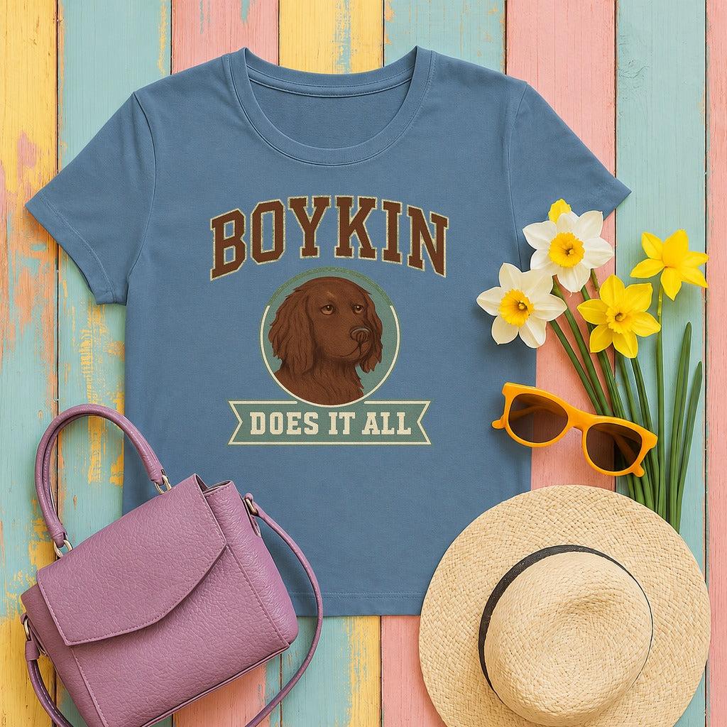 Boykin Spaniel Does It All Varsity T-shirt in Steel Blue