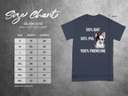 Gildan 5000 size chart for 100% Frenchie t-shirt with measurements.