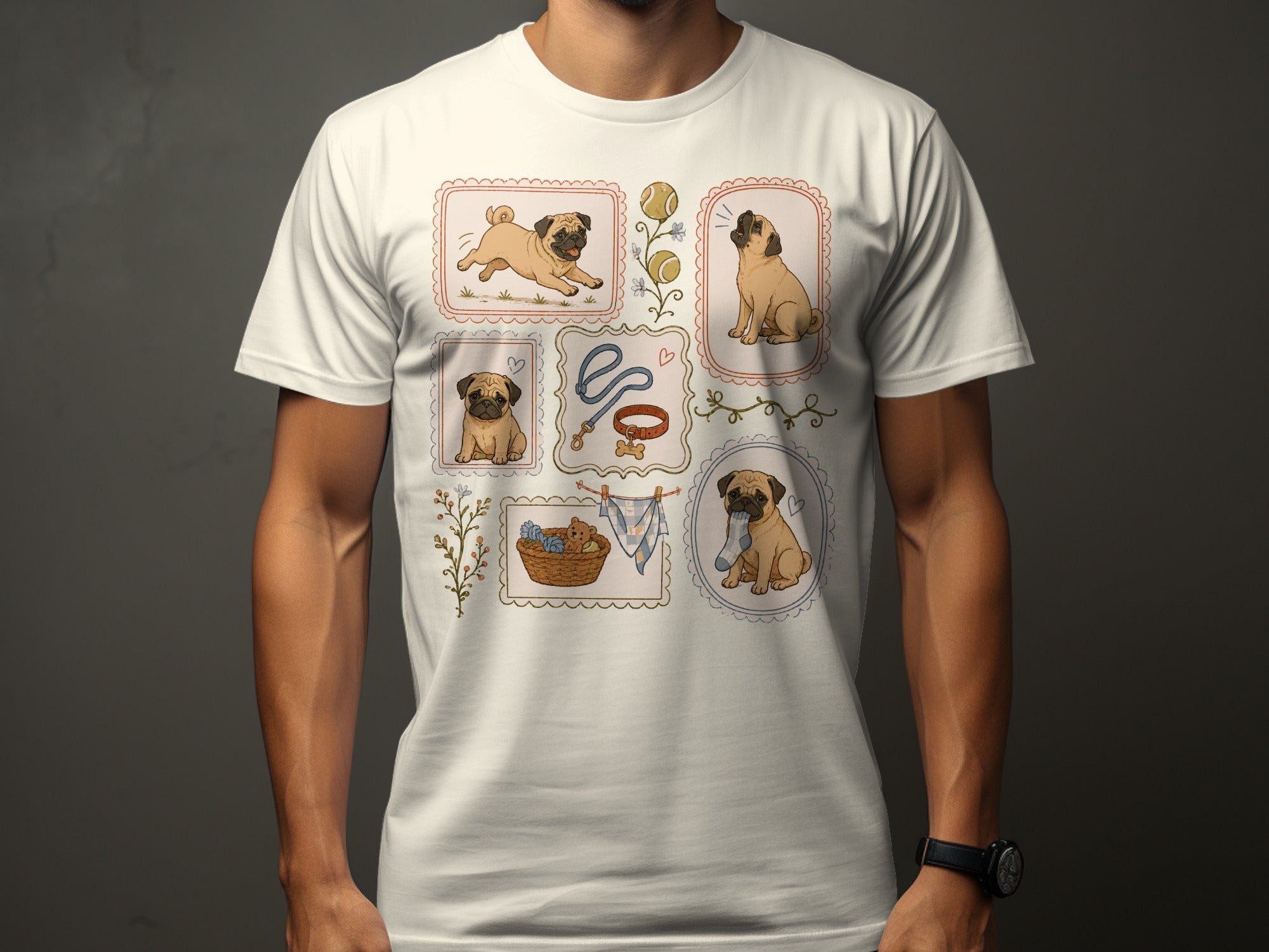 Pug illustrations in a bordered grid on a white t-shirt.