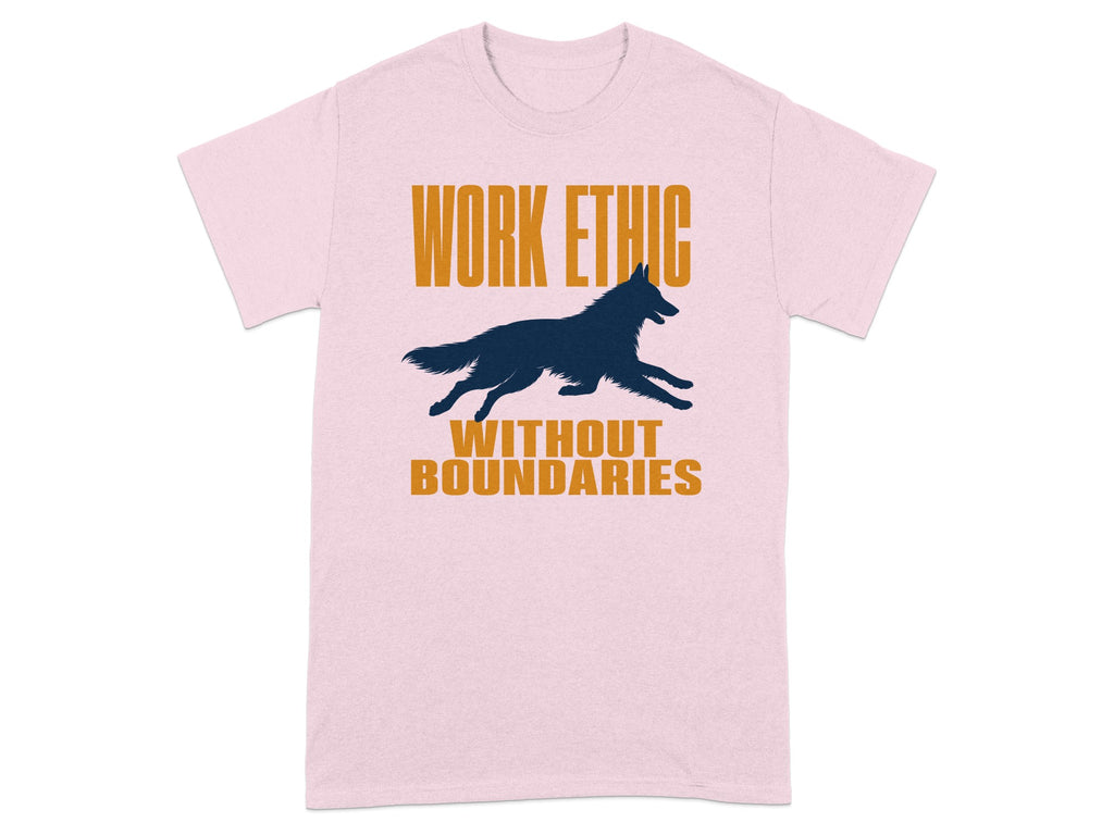 Pink t-shirt with "WORK ETHIC WITHOUT BOUNDARIES" and a running wolf silhouette.