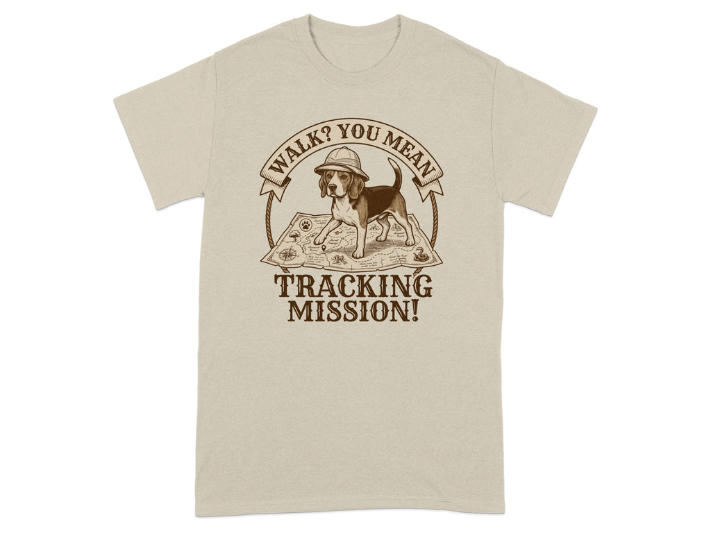 Beagle wearing a hat stands on a map with text "WALK? YOU MEAN TRACKING MISSION!".