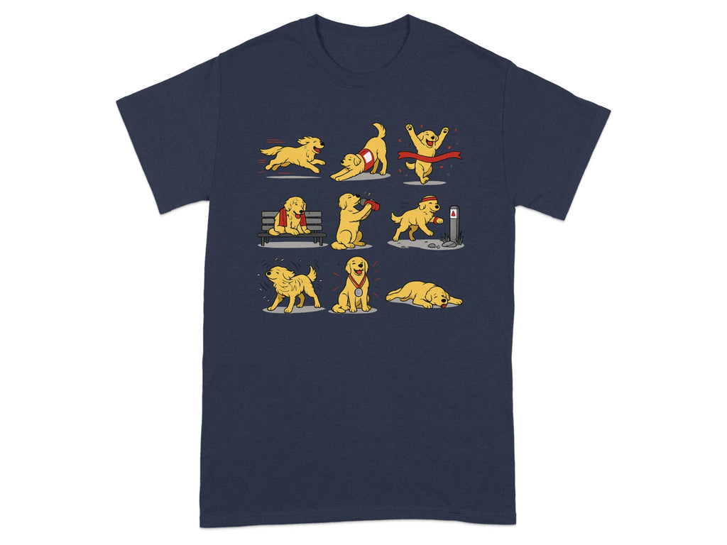 Illustration of a Golden Retriever's race and reward journey in nine panels.