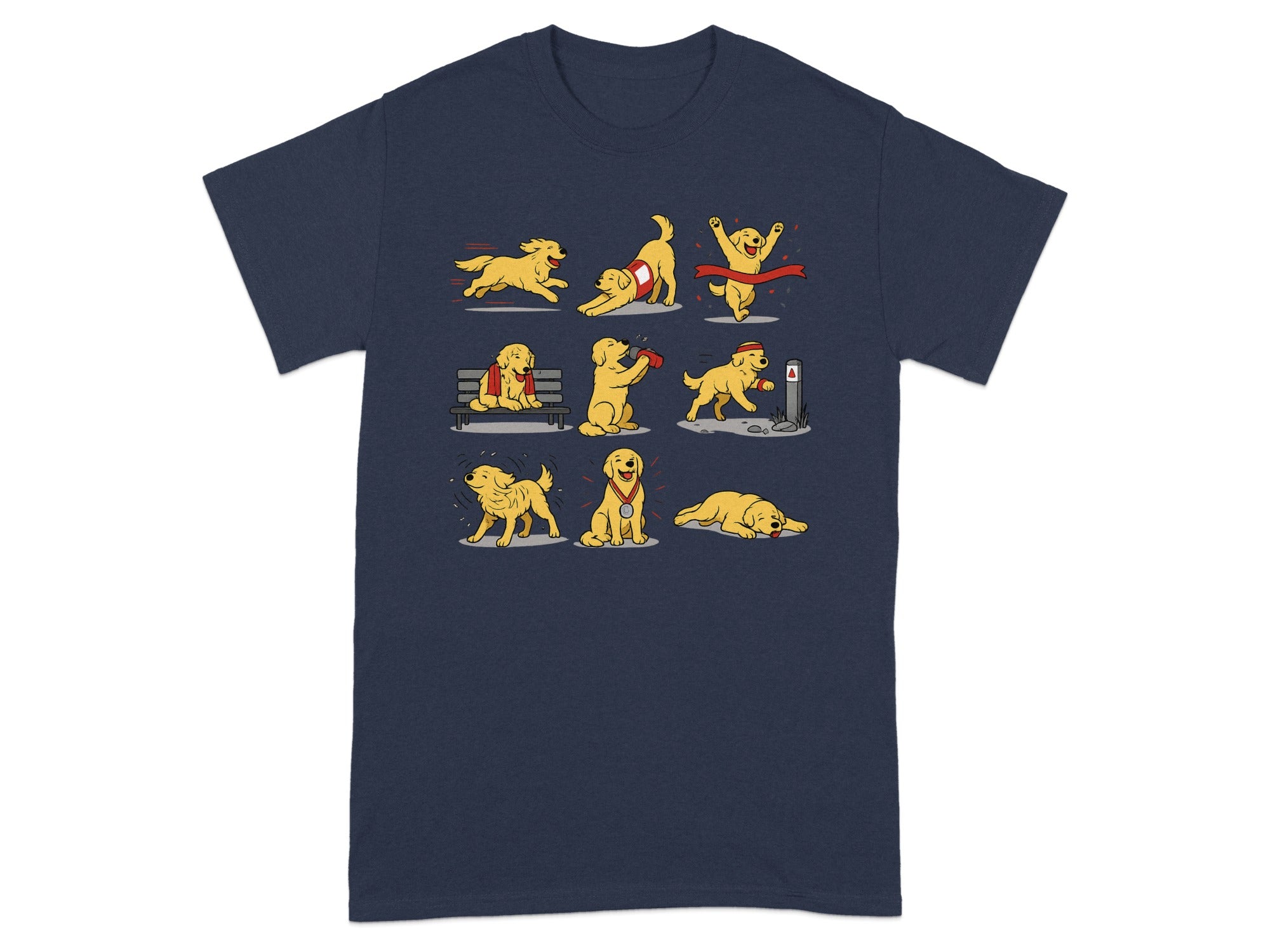 Illustration of a Golden Retriever's race and reward journey in nine panels.
