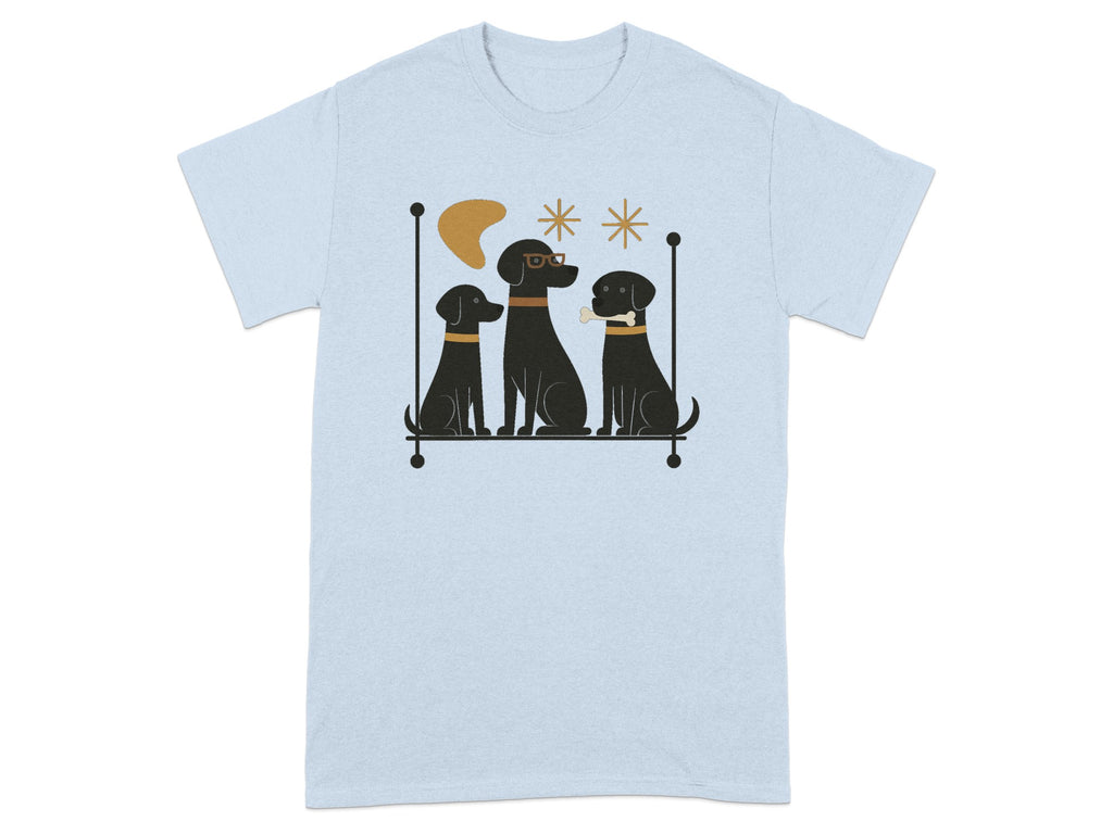 Three black dogs with collars, one wearing glasses, sit on a bar.