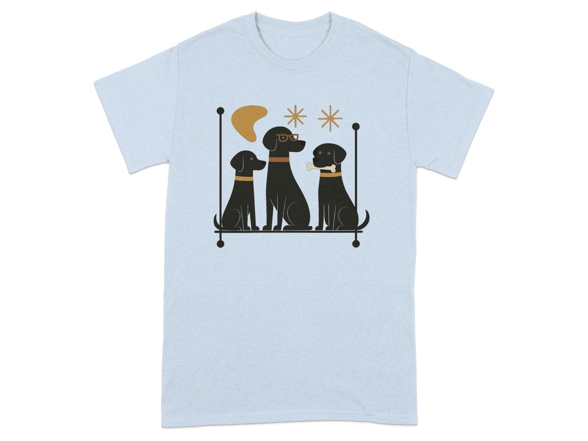 Three black dogs with collars, one wearing glasses, sit on a bar.