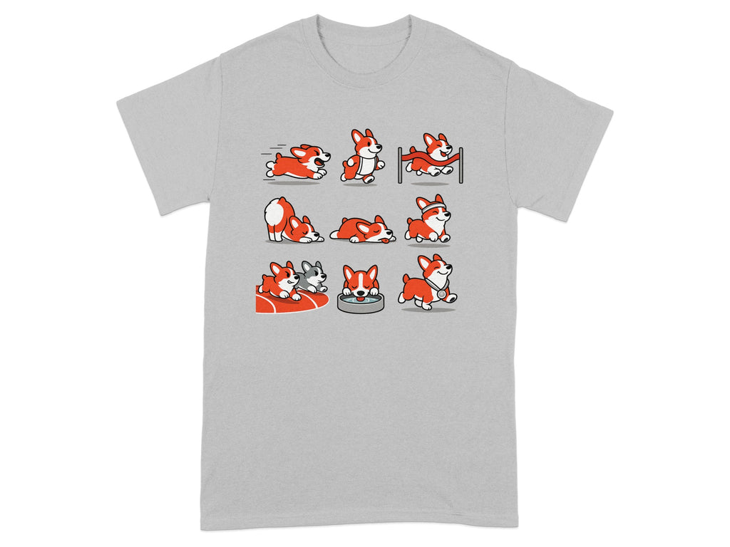 Nine cartoon corgis are shown participating in various dog agility activities on a gray t-shirt.